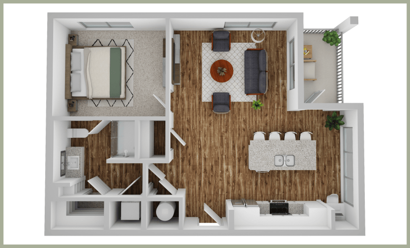 A1 - 1 bedroom floorplan layout with 1 bathroom and 765 square feet