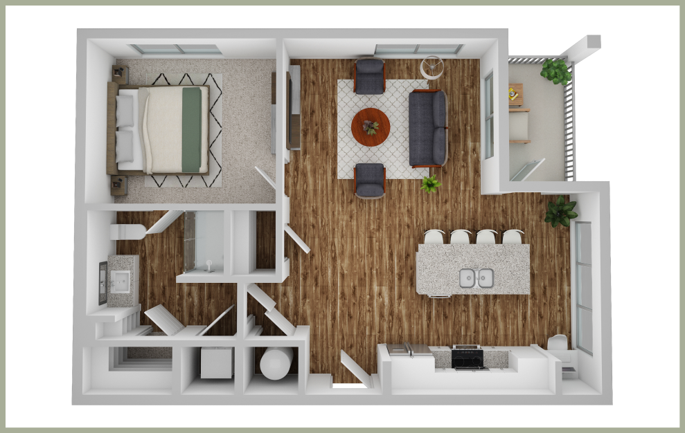 A1 - 1 bedroom floorplan layout with 1 bath and 765 square feet. (3D)