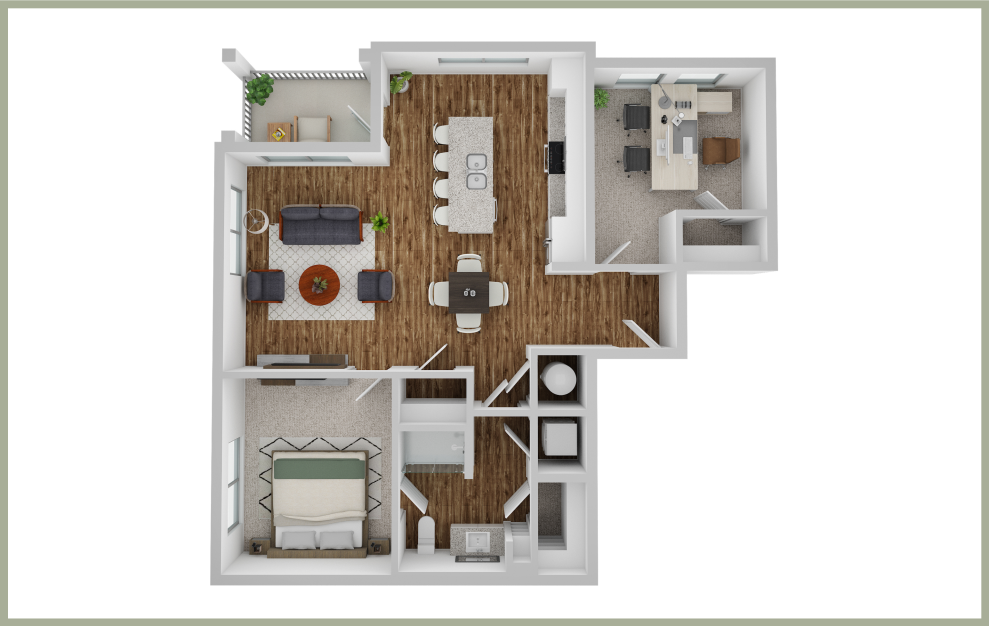 A3 - 1 bedroom floorplan layout with 1 bath and 948 square feet. (3D)