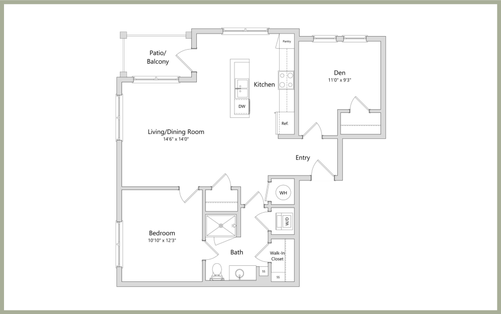 A3 - 1 bedroom floorplan layout with 1 bath and 948 square feet. (2D)