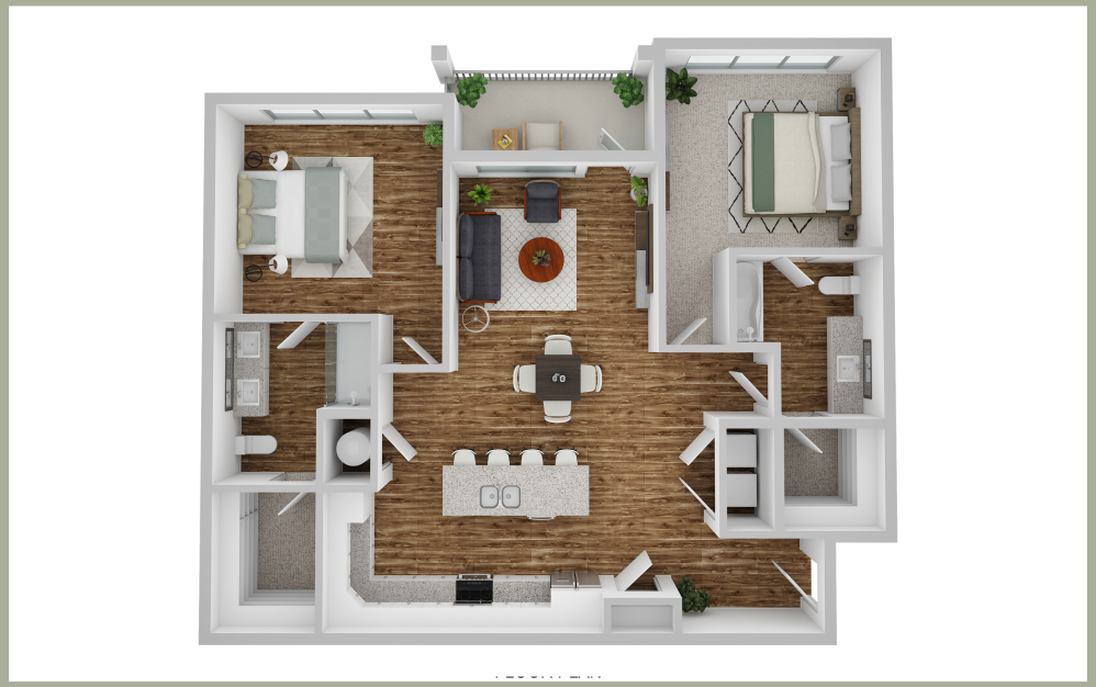 B2 - 2 bedroom floorplan layout with 2 bathrooms and 1204 square feet (3D)