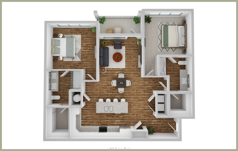 B2 - 2 bedroom floorplan layout with 2 baths and 1204 square feet. (3D)