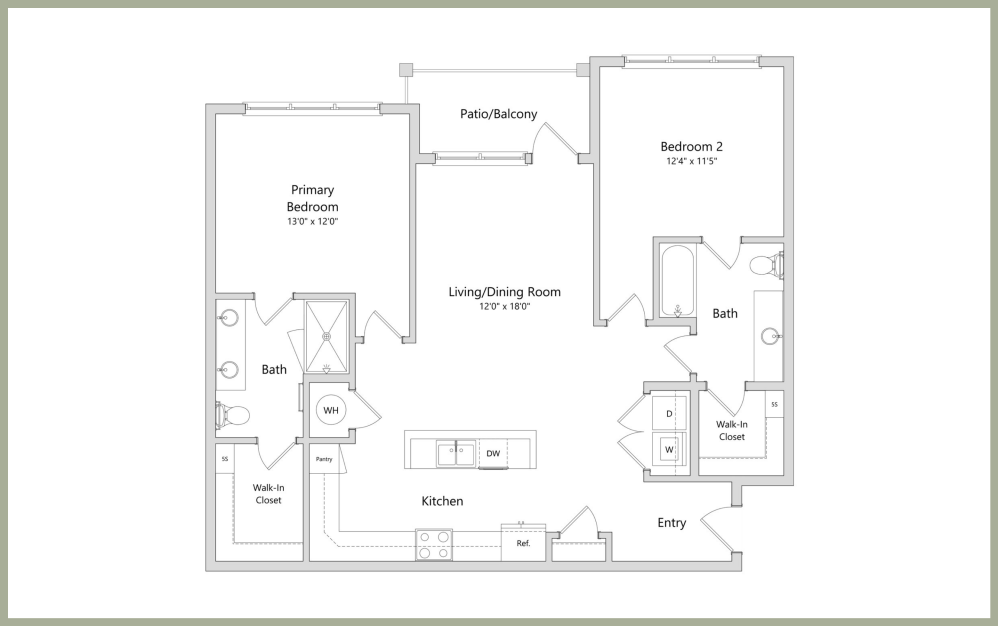 B2 - 2 bedroom floorplan layout with 2 baths and 1204 square feet. (2D)