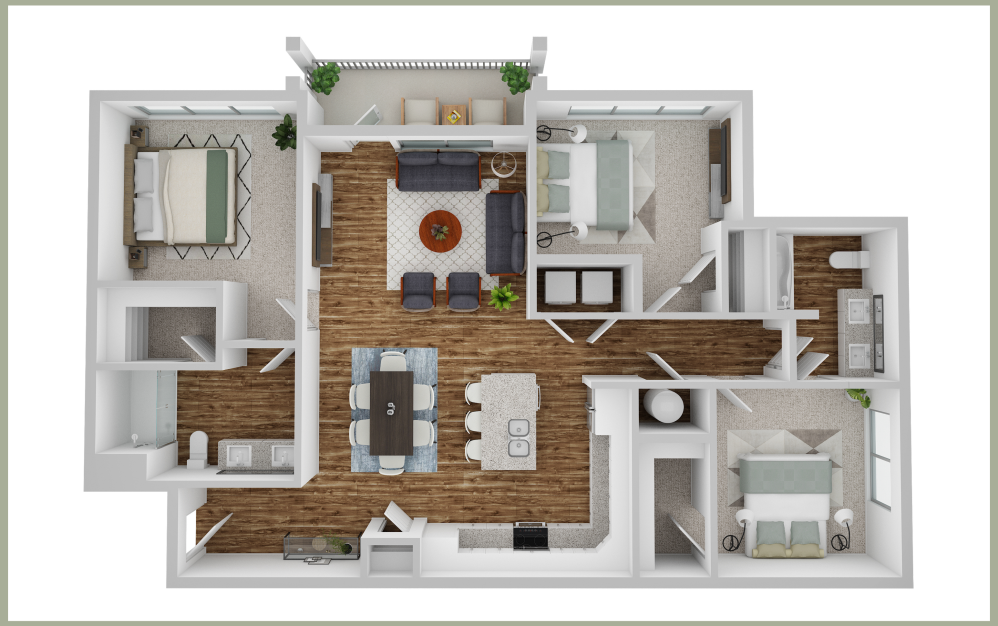 C1 - 3 bedroom floorplan layout with 2 bathrooms and 1347 square feet (3D)