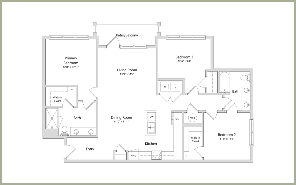 C1 - 3 bedroom floorplan layout with 2 baths and 1347 square feet. (2D)