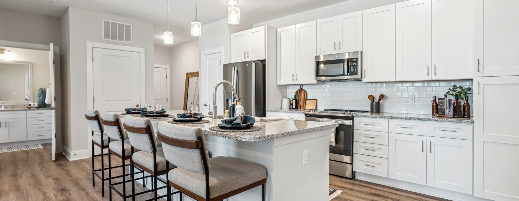 Kitchen with Granite Countertops and stainless steel appliances